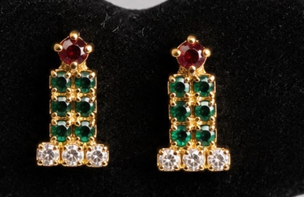 Vintage Rhinestone Christmas‎ Candle Pierced Eearrings- Red & Green Glass h-116